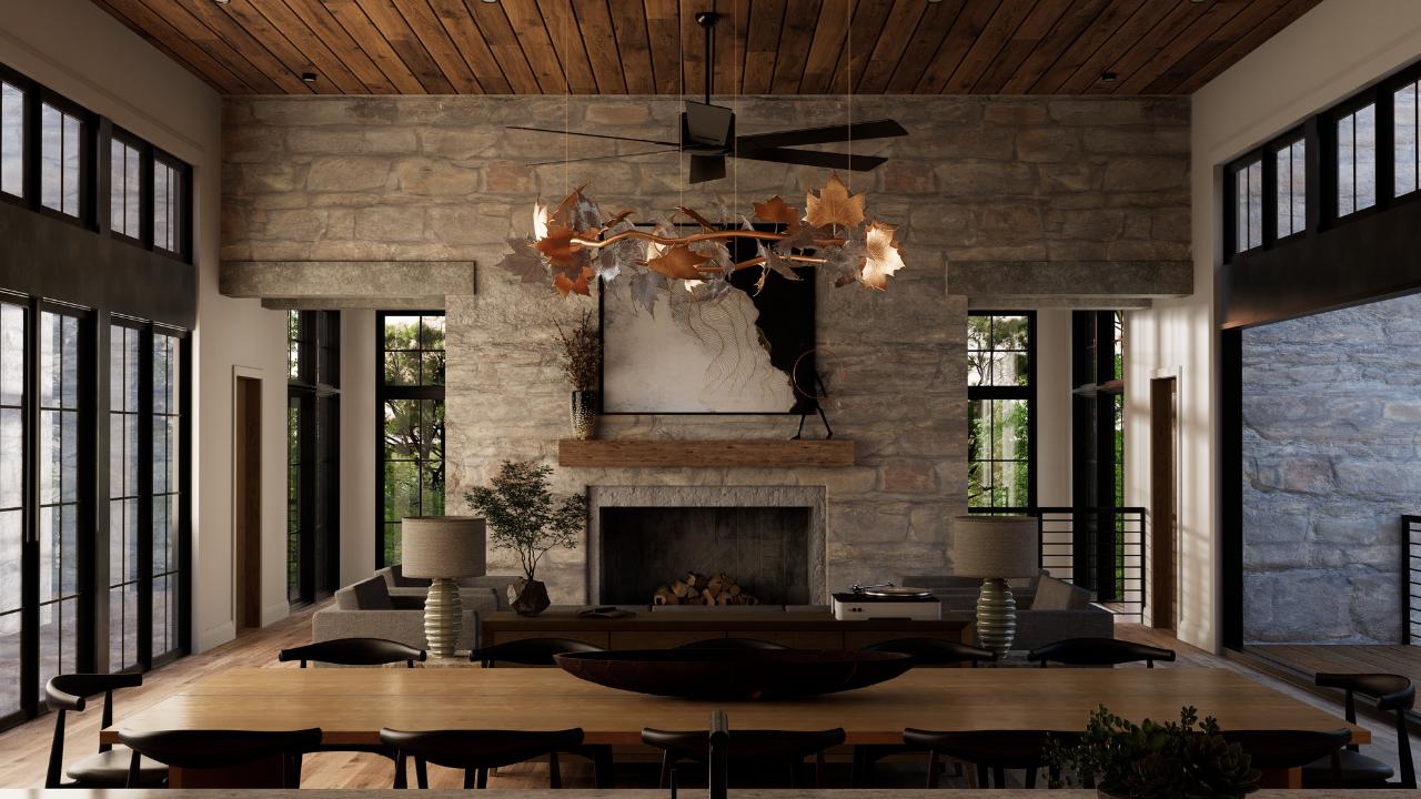 Interior of lodge style home with wood and stone accents at The Ramble Biltmore Forest.
